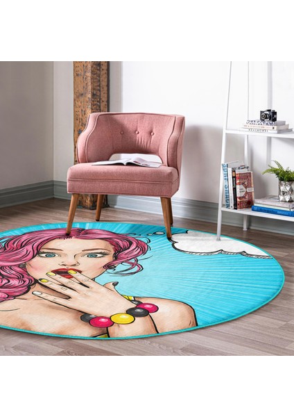 Pop Art Desen Dijital Baskılı Turkuaz Çocuk Ve Genç Odası Yıkanabilir Kaymaz Tabanlı Yuvarlak Halı