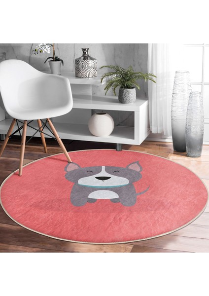 Köpek Desenli Dijital Baskılı Modern Bordo Çocuk Ve Genç Odası Yıkanabilir Kaymaz Tabanlı Yuvarlak Halı