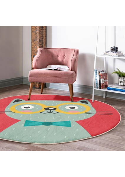 Renkli Kedi Dijital Baskılı Modern Bordo Çocuk Ve Genç Odası Yıkanabilir Kaymaz Tabanlı Yuvarlak Halı
