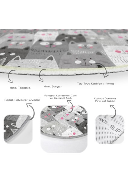 Sevimli Kedi Motifli Dijital Baskılı Özel Tasarım Modern Gri Çocuk Ve Genç Odası Yıkanabilir Kaymaz Tabanlı Yuvarlak Halı