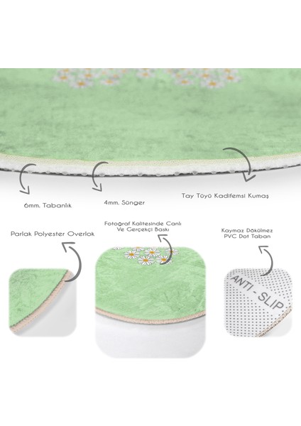 Yeşil Zemin Papatyadan Kelebek Tasarımlı Dijital Baskılı Modern Çocuk Ve Genç Odası Yıkanabilir Kaymaz Tabanlı Yuvarlak Halı