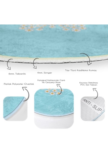 Mavi Zemin Papatyadan Kelebek Tasarımlı Dijital Baskılı Modern Turkuaz Çocuk Ve Genç Odası Yıkanabilir Kaymaz Tabanlı Yuvarlak Halı