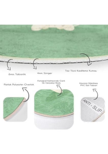 Köpek Desenli Dijital Baskılı Modern Yeşil Çocuk Ve Genç Odası Yıkanabilir Kaymaz Tabanlı Yuvarlak Halı