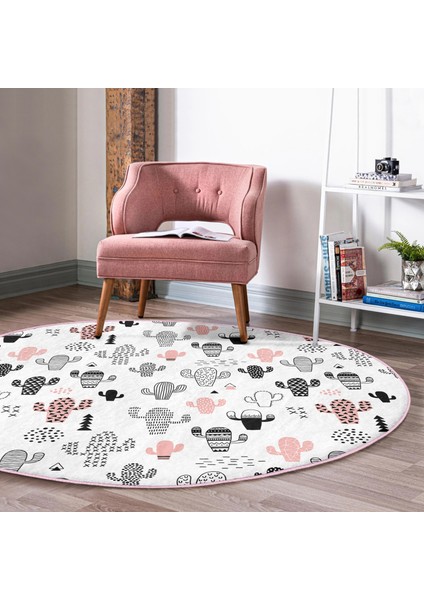 Soft Renkli Kaktüs Motifli Pembe Çocuk Ve Genç Odası Yıkanabilir Kaymaz Tabanlı Yuvarlak Halı modelleri