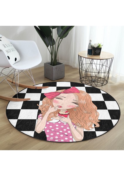 Dama Zeminli Pancakeli Kız Desenli Dijital Baskılı Modern Pembe Çocuk Ve Genç Odası Yıkanabilir Kaymaz Tabanlı Yuvarlak Halı