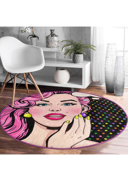 Pop Art Retro Dijital Baskılı Pembe Çocuk Ve Genç Odası Yıkanabilir Kaymaz Tabanlı Yuvarlak Halı