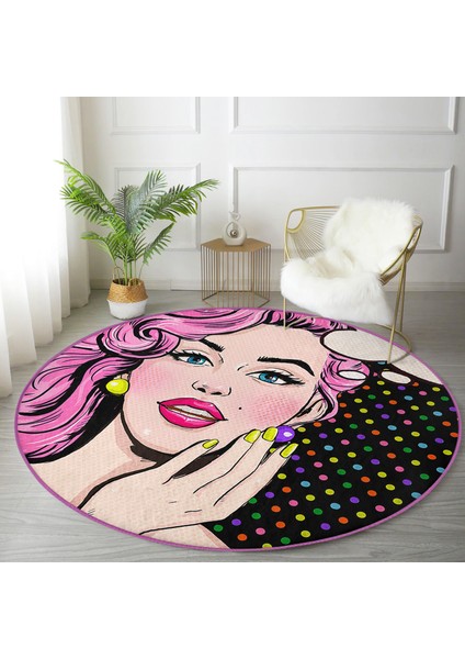 Pop Art Retro Dijital Baskılı Pembe Çocuk Ve Genç Odası Yıkanabilir Kaymaz Tabanlı Yuvarlak Halı fiyatları