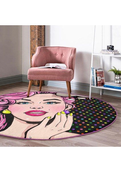 Pop Art Retro Dijital Baskılı Pembe Çocuk Ve Genç Odası Yıkanabilir Kaymaz Tabanlı Yuvarlak Halı modelleri