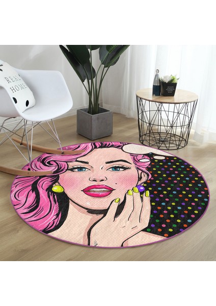 Pop Art Retro Dijital Baskılı Pembe Çocuk Ve Genç Odası Yıkanabilir Kaymaz Tabanlı Yuvarlak Halı fırsatları