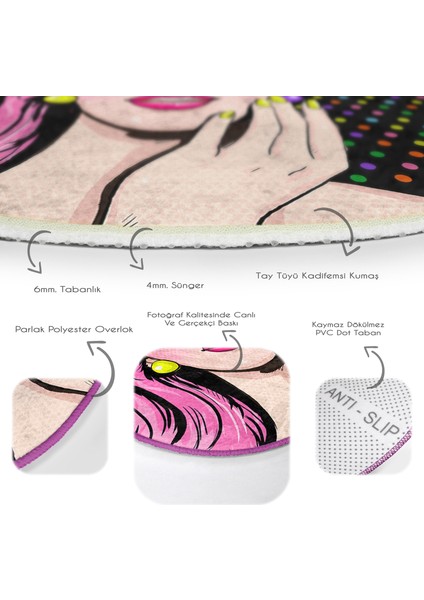 Pop Art Retro Dijital Baskılı Pembe Çocuk Ve Genç Odası Yıkanabilir Kaymaz Tabanlı Yuvarlak Halı indirimleri