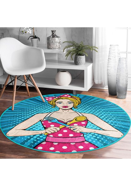 Mavi Zemini Popart Girl Desenli Turkuaz Çocuk Ve Genç Odası Yıkanabilir Kaymaz Tabanlı Yuvarlak Halı