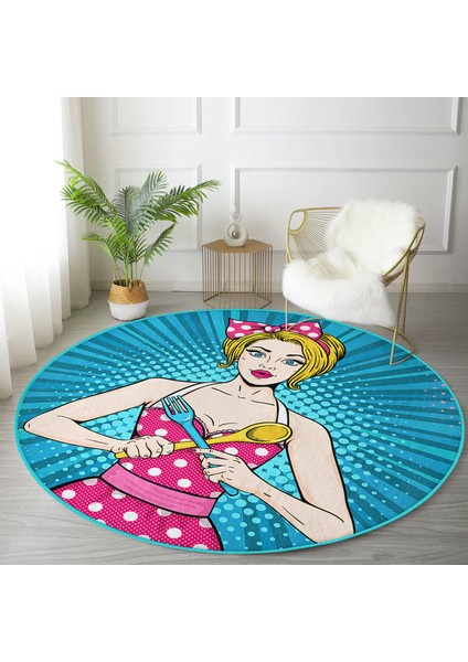 Mavi Zemini Popart Girl Desenli Turkuaz Çocuk Ve Genç Odası Yıkanabilir Kaymaz Tabanlı Yuvarlak Halı fiyatları