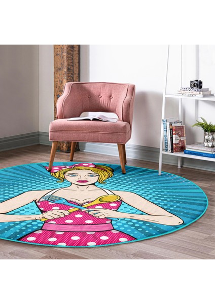 Mavi Zemini Popart Girl Desenli Turkuaz Çocuk Ve Genç Odası Yıkanabilir Kaymaz Tabanlı Yuvarlak Halı modelleri