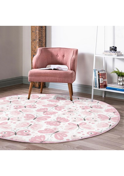 Renkli Kelebek Motifli Dijital Baskılı Modern Pembe Çocuk Ve Genç Odası Yıkanabilir Kaymaz Tabanlı Yuvarlak Halı
