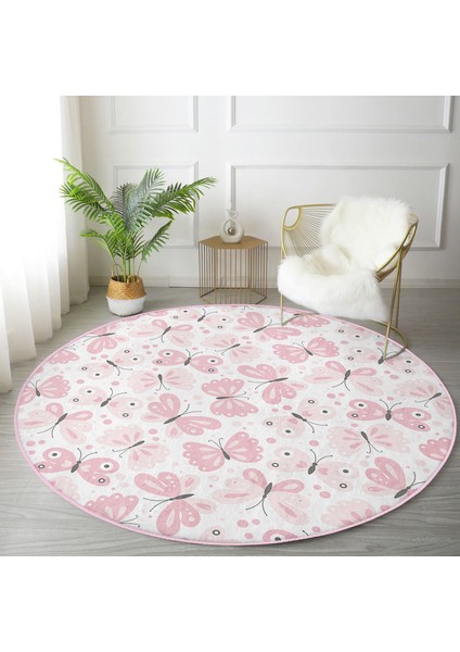 Renkli Kelebek Motifli Dijital Baskılı Modern Pembe Çocuk Ve Genç Odası Yıkanabilir Kaymaz Tabanlı Yuvarlak Halı modelleri
