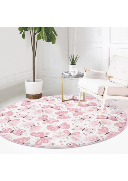 Renkli Kelebek Motifli Dijital Baskılı Modern Pembe Çocuk Ve Genç Odası Yıkanabilir Kaymaz Tabanlı Yuvarlak Halı fırsatları