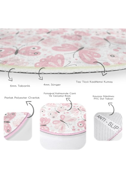 Renkli Kelebek Motifli Dijital Baskılı Modern Pembe Çocuk Ve Genç Odası Yıkanabilir Kaymaz Tabanlı Yuvarlak Halı indirimleri