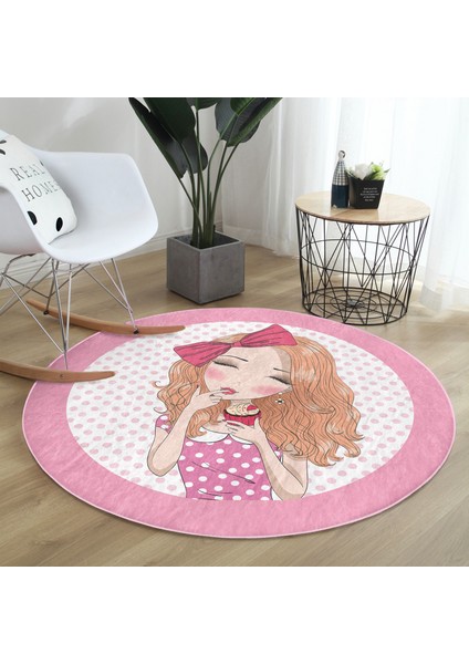 Fashion Girl Dijital Baskılı Modern Pembe Çocuk Ve Genç Odası Yıkanabilir Kaymaz Tabanlı Yuvarlak Halı