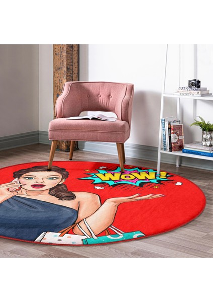 Kırmızı Zeminli Popart Wow Desenli Modern Bordo Çocuk Ve Genç Odası Yıkanabilir Kaymaz Tabanlı Yuvarlak Halı