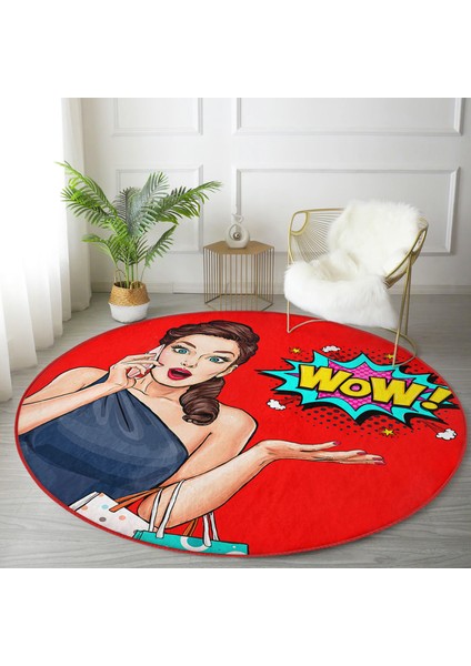 Kırmızı Zeminli Popart Wow Desenli Modern Bordo Çocuk Ve Genç Odası Yıkanabilir Kaymaz Tabanlı Yuvarlak Halı modelleri