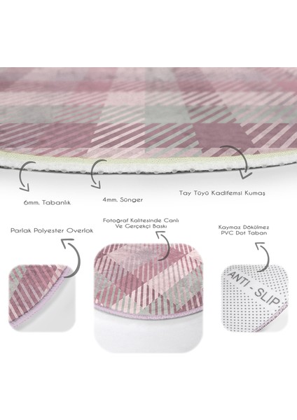 Gri Zeminli Ekose Desenli Pembe Çocuk Ve Genç Odası Yıkanabilir Kaymaz Tabanlı Yuvarlak Halı