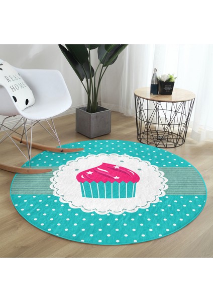 Cup Cake Desenli Dijital Baskılı Turkuaz Çocuk Ve Genç Odası Yıkanabilir Kaymaz Tabanlı Yuvarlak Halı