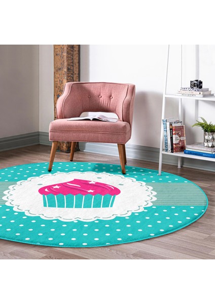 Cup Cake Desenli Dijital Baskılı Turkuaz Çocuk Ve Genç Odası Yıkanabilir Kaymaz Tabanlı Yuvarlak Halı