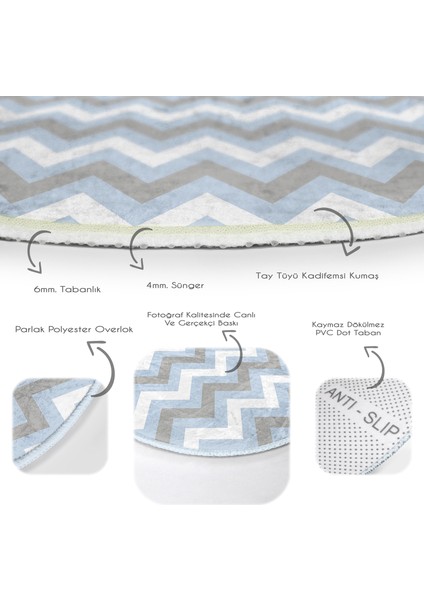 Mavi Gri Zikzak Desenli Dijital Baskılı Lacivert Çocuk Ve Genç Odası Yıkanabilir Kaymaz Tabanlı Yuvarlak Halı