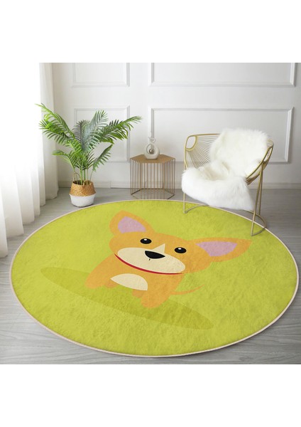 Köpek Desenli Dijital Baskılı Modern Yeşil Çocuk Ve Genç Odası Yıkanabilir Kaymaz Tabanlı Yuvarlak Halı fırsatları