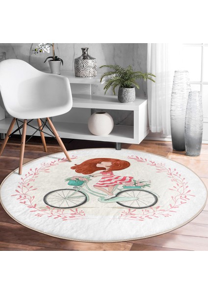 Modern Bisiklet Desenli Dijital Baskılı Krem Çocuk Ve Genç Odası Yıkanabilir Kaymaz Tabanlı Yuvarlak Halı modelleri
