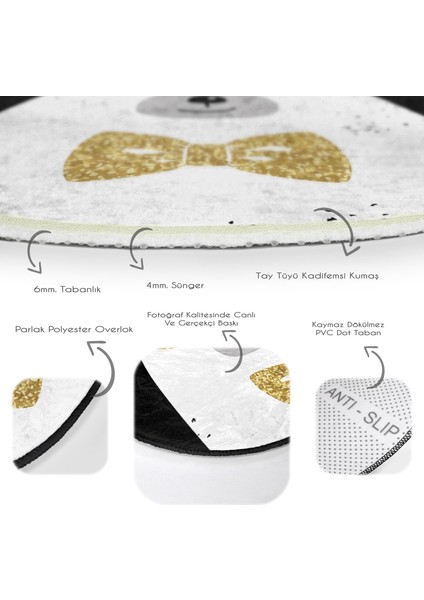 Siyah Zeminde Gold Detaylı Sevimli Ayıcık Dijital Baskılı Modern Renkli Çocuk Ve Genç Odası Yıkanabilir Kaymaz Tabanlı Yuvarlak Halı