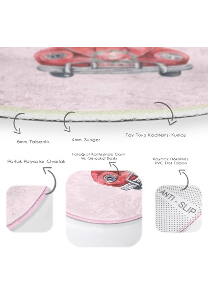Christmas Temalı Araba Tasarımlı Dijital Baskılı Modern Pembe Çocuk Ve Genç Odası Yıkanabilir Kaymaz Tabanlı Yuvarlak Halı