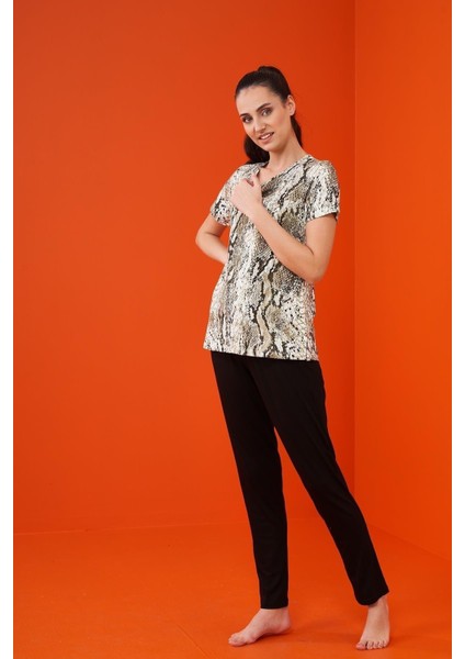 Pijama Kadın Desenli Pijama Takım 23222 - Haki