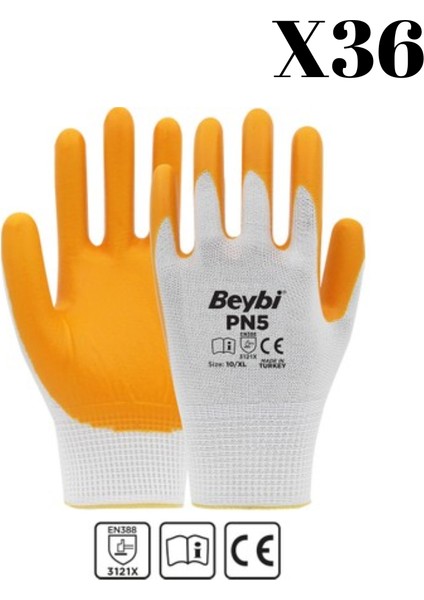 Pn5 Sarı Beyaz Palyester Örme Nitril Eldiven NO10 36 Çift