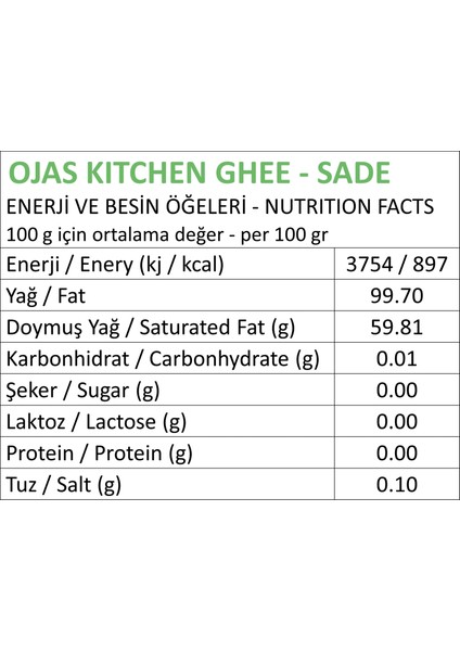 Ojas Kitchen Sade Ghee & Sarımsaklı Ghee Sade Yağ 225 gr x 2'li  Laktozsuz Gdo' Suz  Saf Yağ