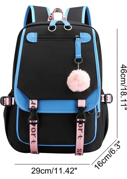 21L Kız Sırt Çantası Ortaokul Öğrencisi Okul Çantası, USB Şarj Portlu - Mavi Siyah (Yurt Dışından) modelleri