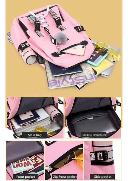 USB Şarj Portlu Kız Sırt Çantası Ortaokul Öğrenci Okul Çantası Hırsızlığa Karşı Koruma - Pembe (Yurt Dışından) fırsatları