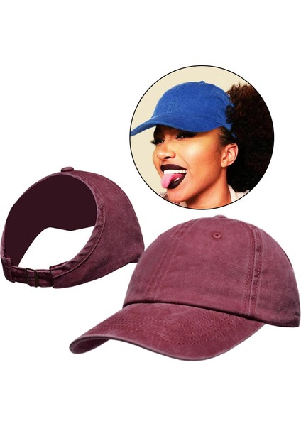 At Kuyruğu Beyzbol Şapkası Kadın Dağınık Yüksek Topuz Tenis Şapka Ayarlanabilir Snapback Bordo fırsatları