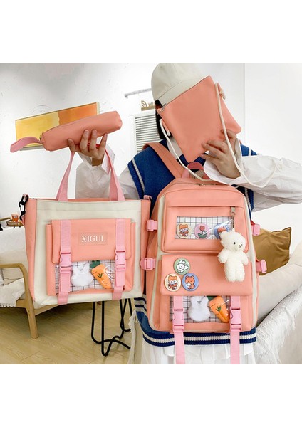Kadın Tuval Sırt Çantaları 4 Adet / Takım Seyahat Bookbag Bookbag Çanta Kız Genç Pembe fiyatları