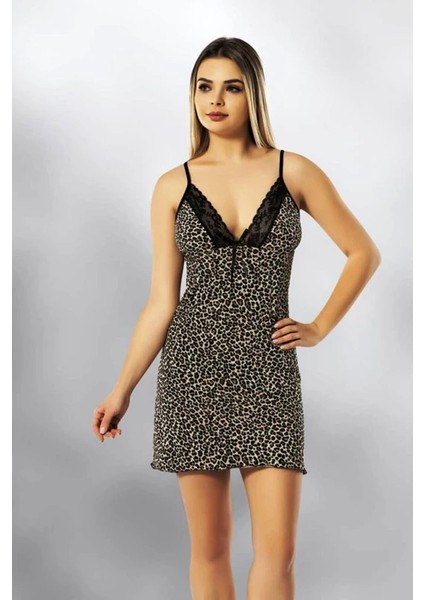 Leopar Desenli Dantel Detaylı Gecelik 6354