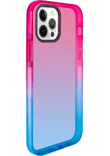 Case 4U Apple iPhone 12 Pro Kılıf Renkli Transparan Yumuşak Silikon Süper Punto Kapak Pembe - Mavi