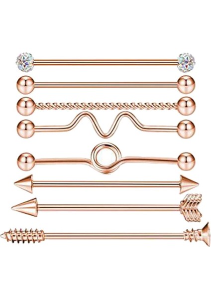 8 Adet 14G Endüstriyel Halter Bar Çiviler Küpe Vücut Piercing Takı Kadın Erkek Gül Altın (Yurt Dışından)