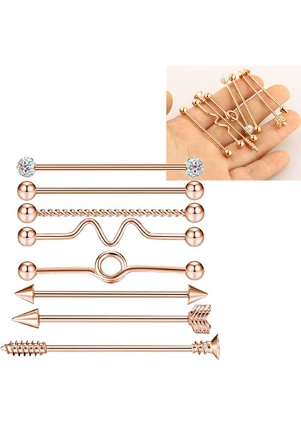 8 Adet 14G Endüstriyel Halter Bar Çiviler Küpe Vücut Piercing Takı Kadın Erkek Gül Altın (Yurt Dışından)
