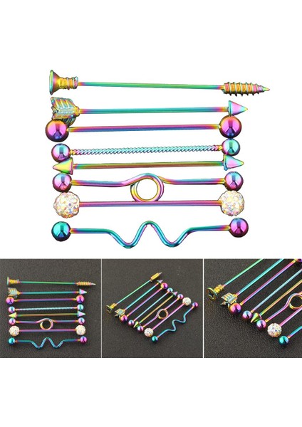 8 Adet Endüstriyel Piercing Topu Halter Kulak Bar Küpe 14G Kadınlar Renkli (Yurt Dışından)