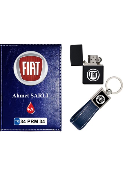 Isiminize Özel Fıat Logolu Lacivert Ruhsat Kabı - Anahtarlık - Çakmak