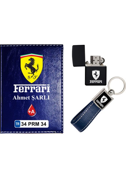 Isiminize Özel Ferrari Logolu Lacivert Ruhsat Kabı - Anahtarlık - Çakmak