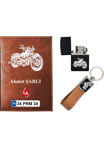 Isiminize Özel Motor Logolu Taba Ruhsat Kabı - Anahtarlık - Çakmak