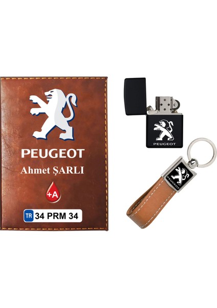Isiminize Özel Peugeot Logolu Taba Ruhsat Kabı - Anahtarlık - Çakmak