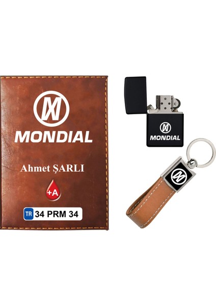 Isiminize Özel Mondial Logolu Taba Ruhsat Kabı - Anahtarlık - Çakmak
