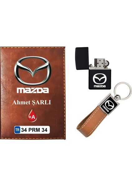Isiminize Özel Mazda Logolu Taba Ruhsat Kabı - Anahtarlık - Çakmak